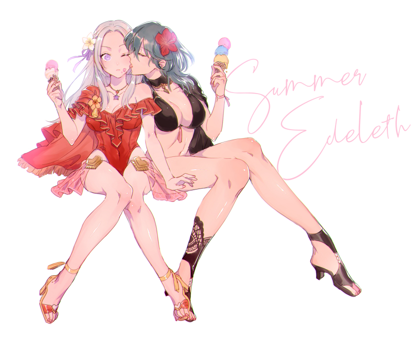 2girls, bikini, black_bikini, blush, breasts, cape, closed_mouth, edelgard_von_hresvelg, edelgard_von_hresvelg_(summer), female_byleth_(fire_emblem), female_byleth_(summer)_(fire_emblem), fire_emblem, fire_emblem:_three_houses, fire_emblem_heroes, flower, food, frilled_one-piece_swimsuit, frills, hair_ornament, hair_ribbon, high_heel_sandals, high_heels, highres, ice_cream, licking, long_hair, mizuno_(iori-amu), multiple_girls, nintendo, one-piece_swimsuit, purple_eyes, red_cape, red_one-piece_swimsuit, ribbon, sandals, sexually_suggestive, simple_background, swimsuit, white_hair, yuri