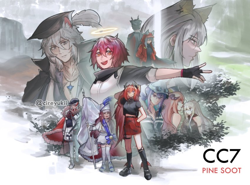 3boys, 6+girls, :d, animal_ears, arknights, bagpipe_(arknights), bagpipe_(queen_no._1)_(arknights), bare_shoulders