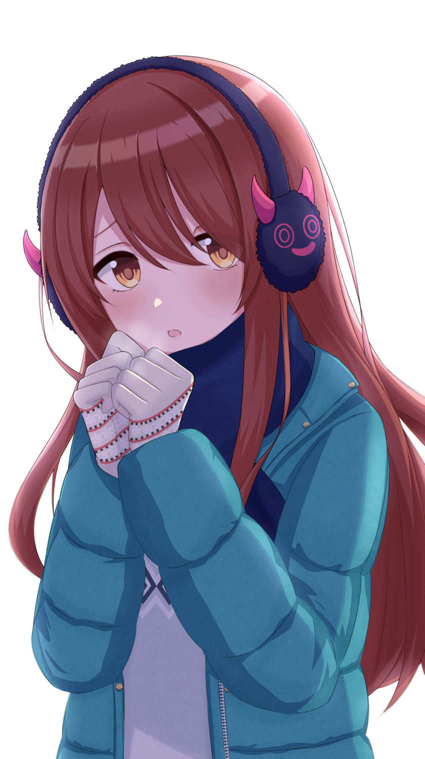 1girl, absurdres, blush, breath, brown_hair, cold, commentary, demon_horns