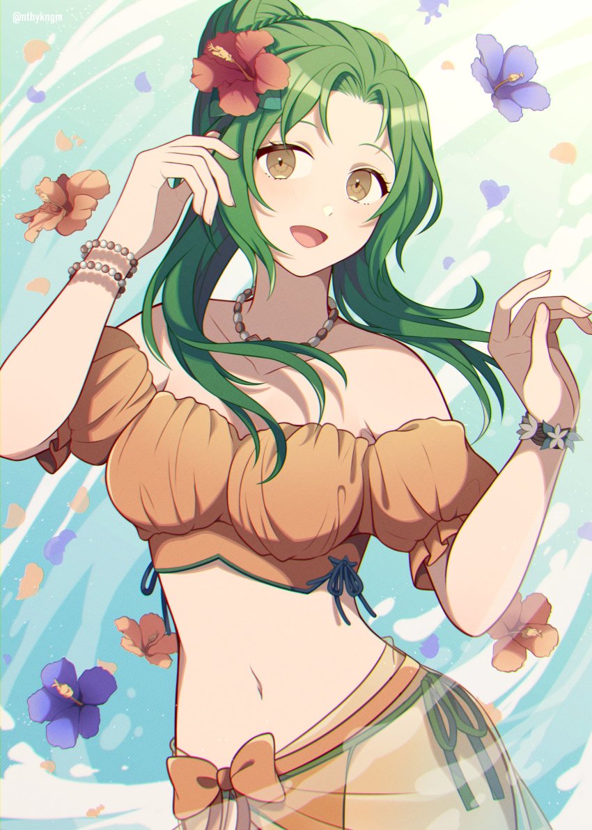1girl, :d, bare_shoulders, bead_bracelet, bead_necklace, beads, bikini, blue_flower, bracelet, breasts, brown_eyes, crml_orng, elincia_ridell_crimea, elincia_ridell_crimea_(summer), fire_emblem, fire_emblem:_radiant_dawn, fire_emblem_heroes, flower, forehead, green_hair, hair_flower, hair_ornament, hands_up, hibiscus, highres, jewelry, long_hair, looking_at_viewer, medium_breasts, navel, necklace, nintendo, off-shoulder_bikini, off_shoulder, official_alternate_costume, open_mouth, orange_bikini, orange_flower, puffy_short_sleeves, puffy_sleeves, red_flower, sarong, see-through_clothes, short_sleeves, side-tie_bikini_bottom, smile, solo, stomach, swimsuit, upper_body