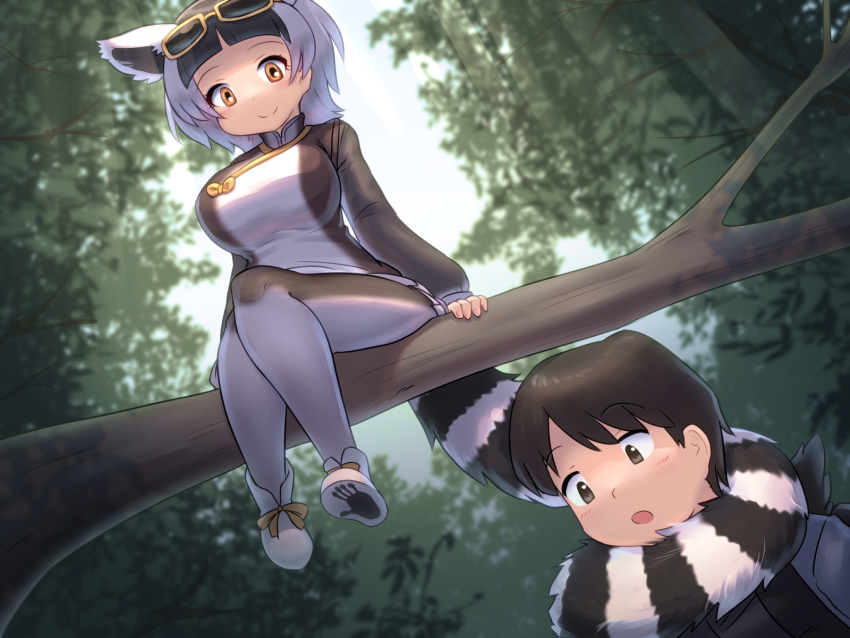 1boy, 1girl, animal_ears, black_hair, branch, breasts, closed_mouth, day