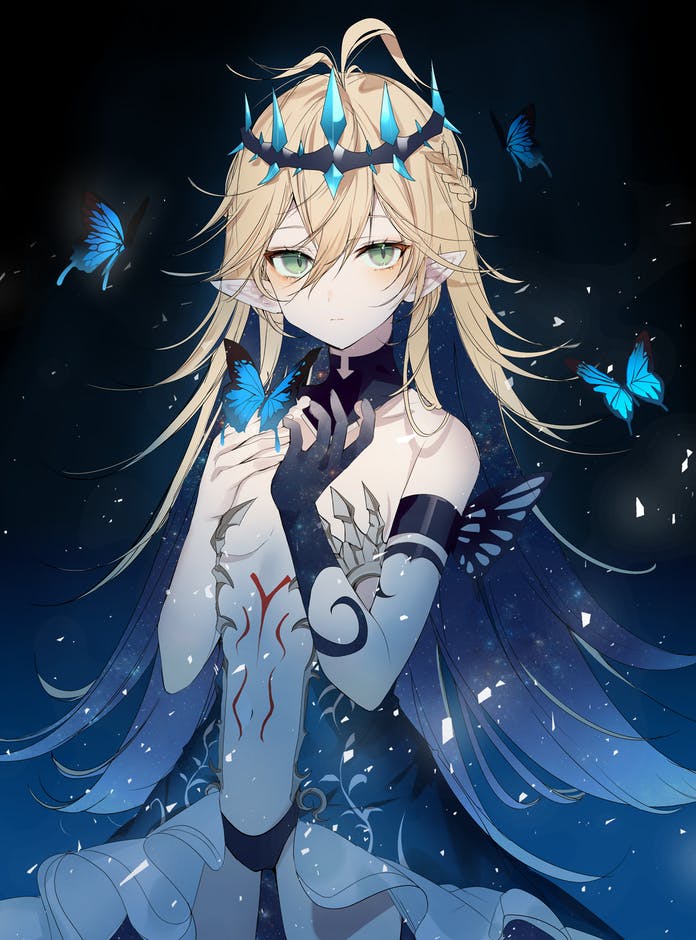 1girl, armband, black_background, blonde_hair, braid, bug, butterfly, chiemo_(xcem)