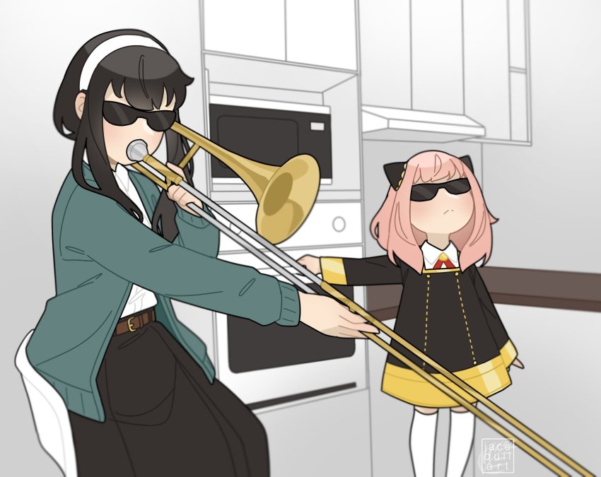 2girls, anya_(spy_x_family), artist_name, black-framed_eyewear, black_hair, child, closed_mouth, hairpods