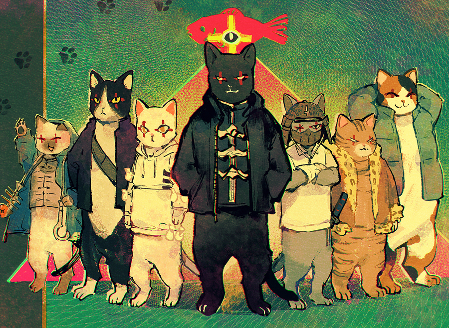 :<, :3, ^_^, animal_focus, animal_print, animalization, arm_up, armor, arms_behind_head, black_cat, black_jacket, calico_(pattern), cat, chinese_clothes, closed_eyes, cross, crossed_arms, dokuga, dorohedoro, eye_symbol, facial_mark, fish, fish_skeleton, full_body, hands_in_pockets, happy, helmet, hood, hood_down, hood_up, hooded_jacket, hoodie, hook, jacket, japanese_armor, kabuto_(helmet), kai_(dorohedoro), katana, leopard_print, lineup, natsuki_(dorohedoro), no_humans, open_clothes, open_jacket, panco, paw_print, polo_shirt, saji_(dorohedoro), scar, scar_across_eye, scar_on_face, shirt, short_sleeves, one_ear_down, standing, sword, tetsujo, toggles, ton_(dorohedoro), ushishimada, weapon, white_hoodie, white_shirt