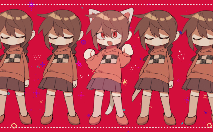 5girls, animal_ears, braid, brown_hair, cat_ears, cat_tail, closed_eyes, closed_mouth, fang, highres, hrdrifter, kitchen_knife, knife, long_hair, long_sleeves, madotsuki, multiple_girls, open_mouth, paw_pose, pink_shoes, pink_sweater, pixels, red_background, red_eyes, shoes, skirt, socks, sweater, tail, twin_braids, yume_nikki
