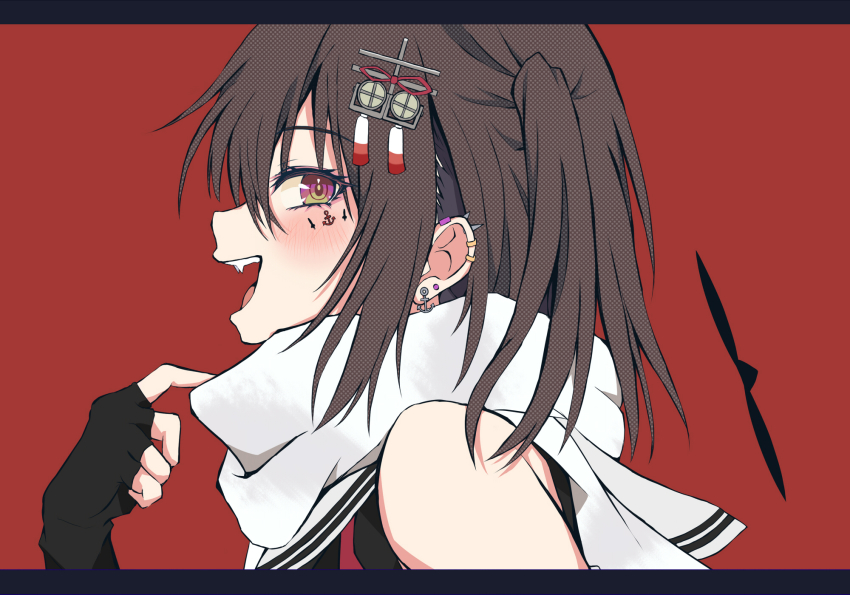 1girl, anchor_earrings, black_gloves, black_hair, brown_eyes, dairyo3, earrings, fingerless_gloves