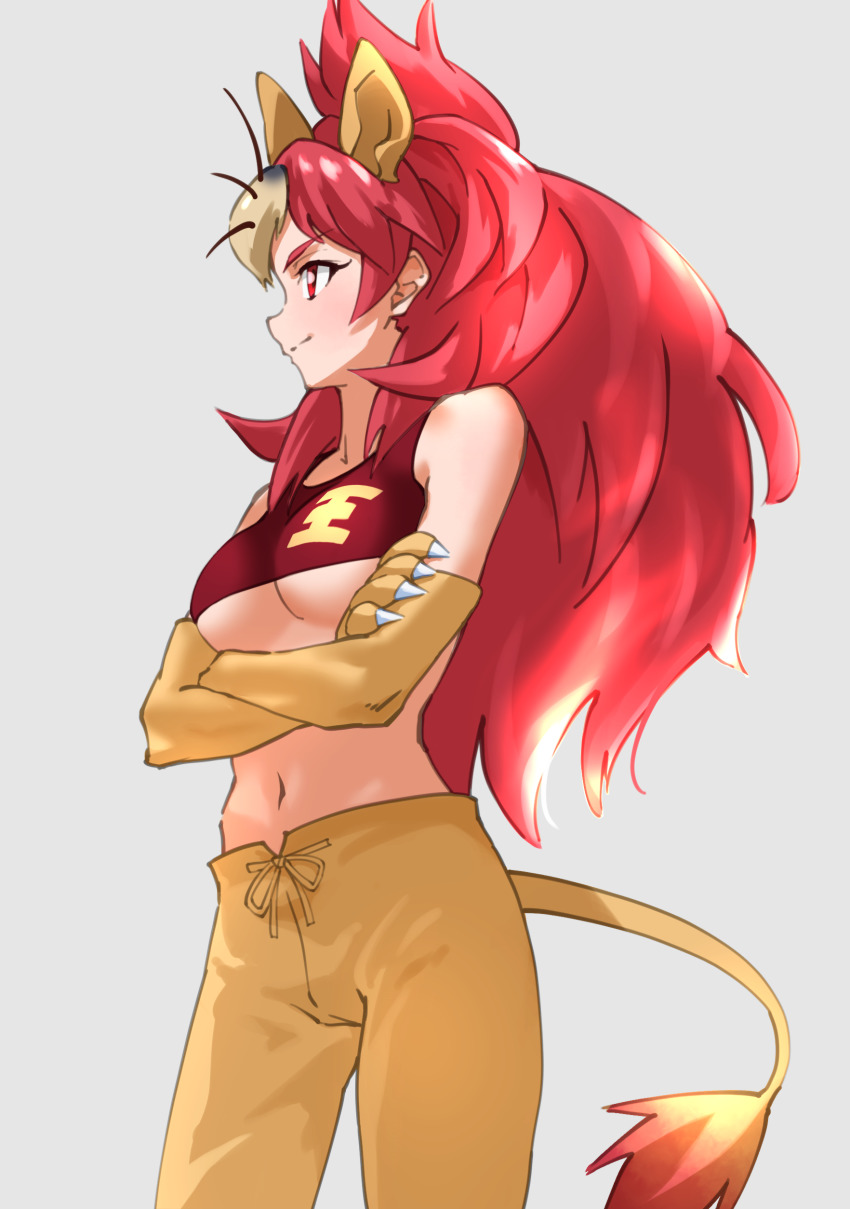 1girl, absurdres, animal_ears, arms_under_breasts, bare_shoulders, breasts, commentary, crop_top, crossed_arms, extra_ears, grey_background, highres, juuou_lion_(kemono_friends), kemono_friends, long_hair, looking_away, medium_breasts, midriff, navel, pants, profile, red_eyes, red_hair, shirt, simple_background, sleeveless, sleeveless_shirt, solo, tail, tanabe_(fueisei), underboob, yellow_pants