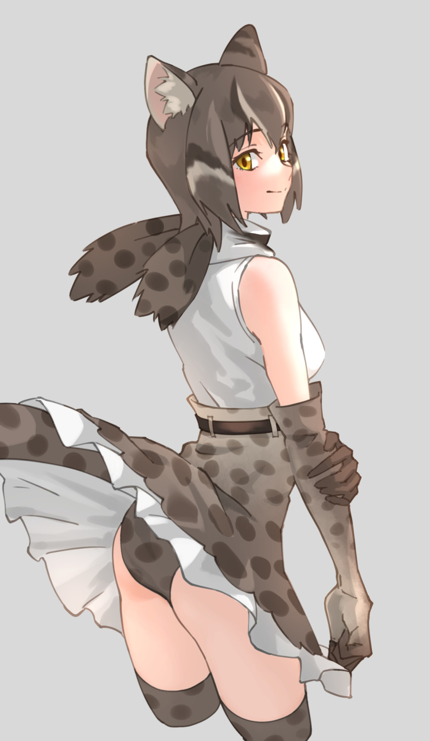 1girl, absurdres, animal_ear_fluff, animal_ears, animal_print, bare_shoulders, black_panties, breasts