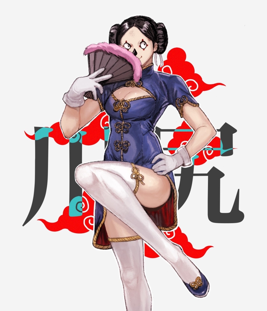 1girl, black_hair, blue_shoes, breasts, china_dress, chinese_clothes, cleavage, cleavage_cutout