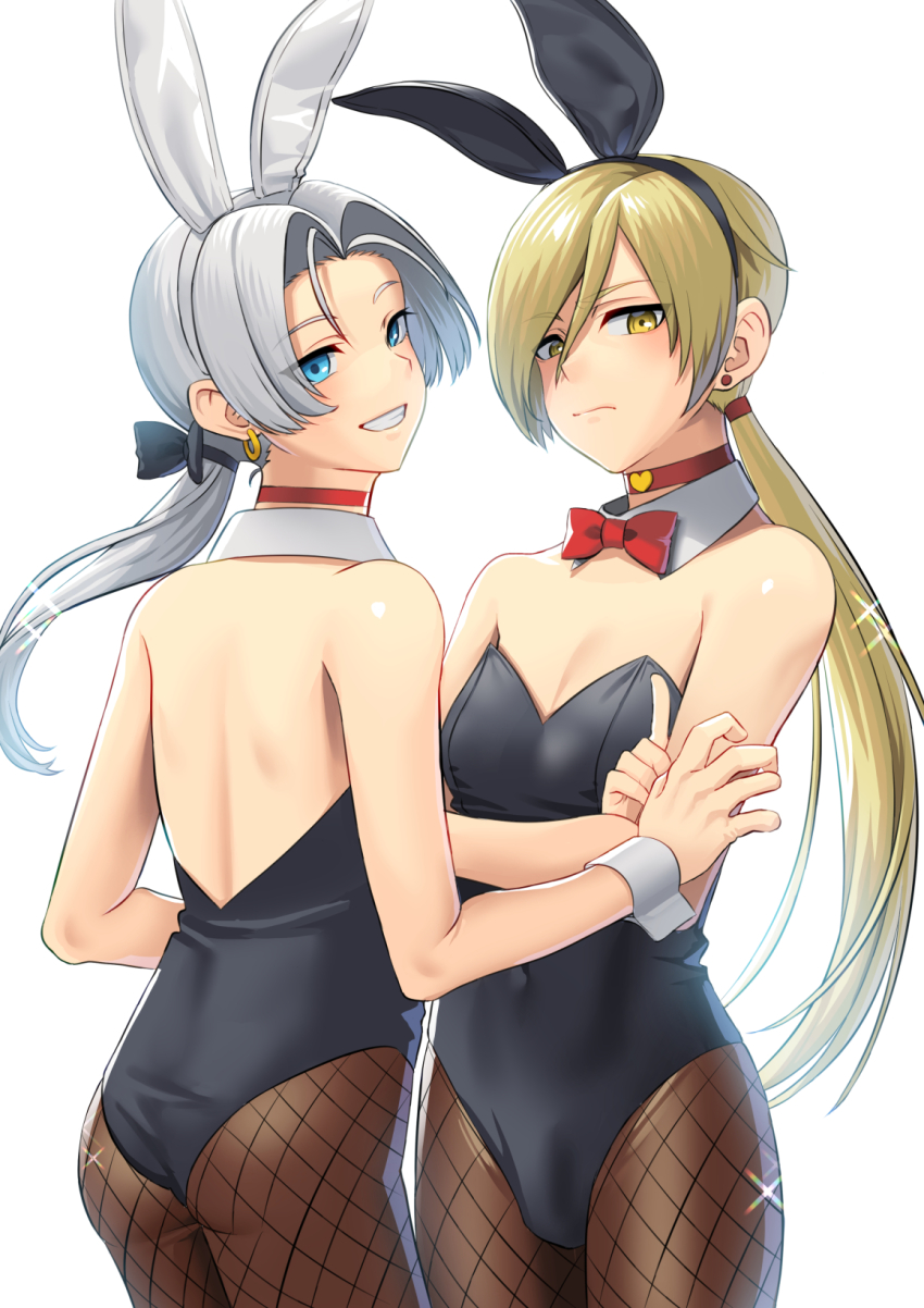 2boys, akagi_kurage, animal_ears, black_legwear, black_leotard, blonde_hair, blue_eyes, bow, bowtie, breasts, bulge, covered_navel, cowboy_shot, crossdressing, crossdressing_(mtf), detached_collar, dragon_quest, dragon_quest_viii, dragon_quest_xi, fishnet_legwear, fishnets, grey_hair, highres, homeros_(dq11), kukuru_(dq8), leotard, long_hair, low_ponytail, multiple_boys, pantyhose, playboy_bunny, ponytail, rabbit_ears, red_bow, red_bowtie, simple_background, small_breasts, strapless, strapless_leotard, white_background, wrist_cuffs, yellow_eyes