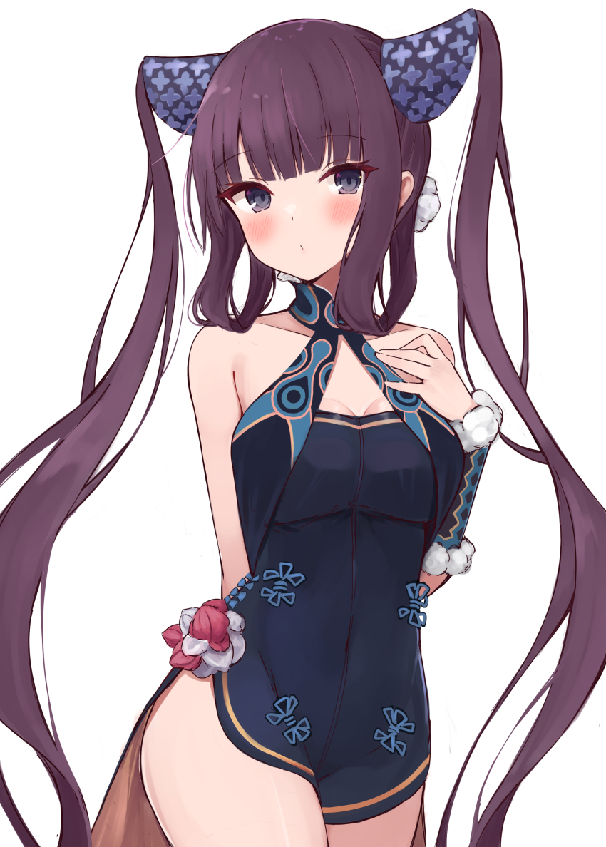 1girl, absurdres, bare_shoulders, black_dress, blue_eyes, blush, breasts, china_dress