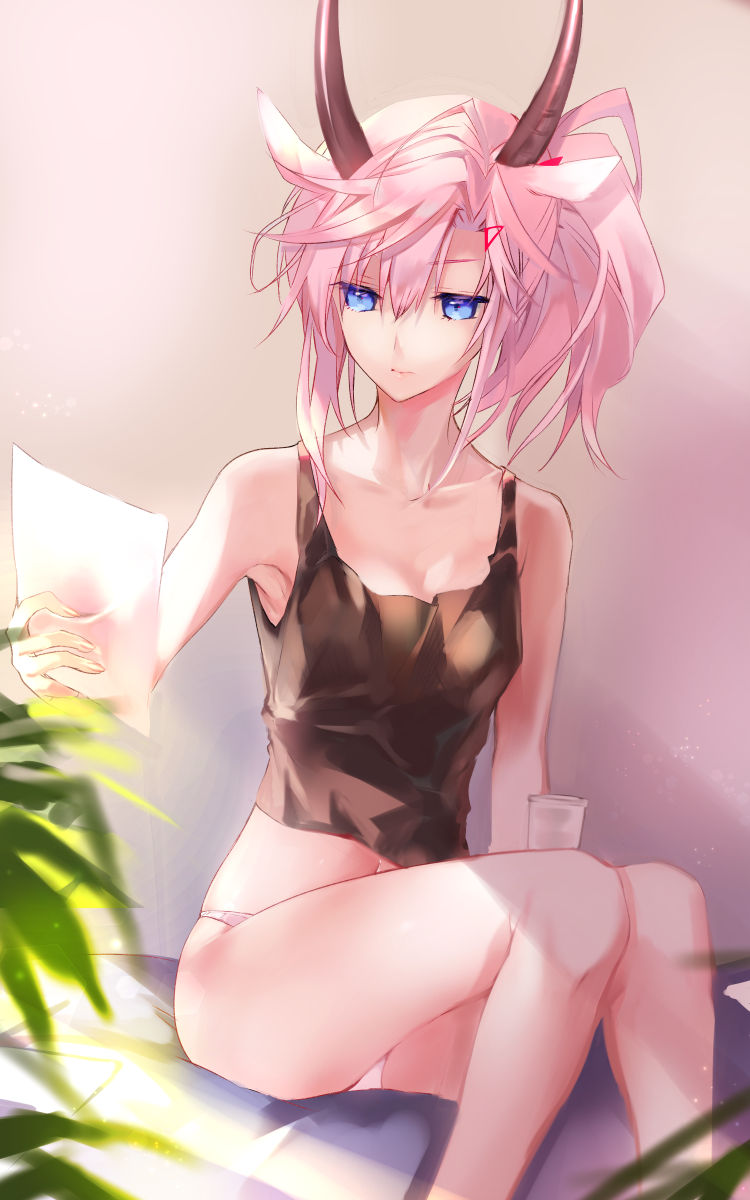 1girl, arknights, armpits, bare_arms, bare_legs, black_shirt, blue_eyes, breasts