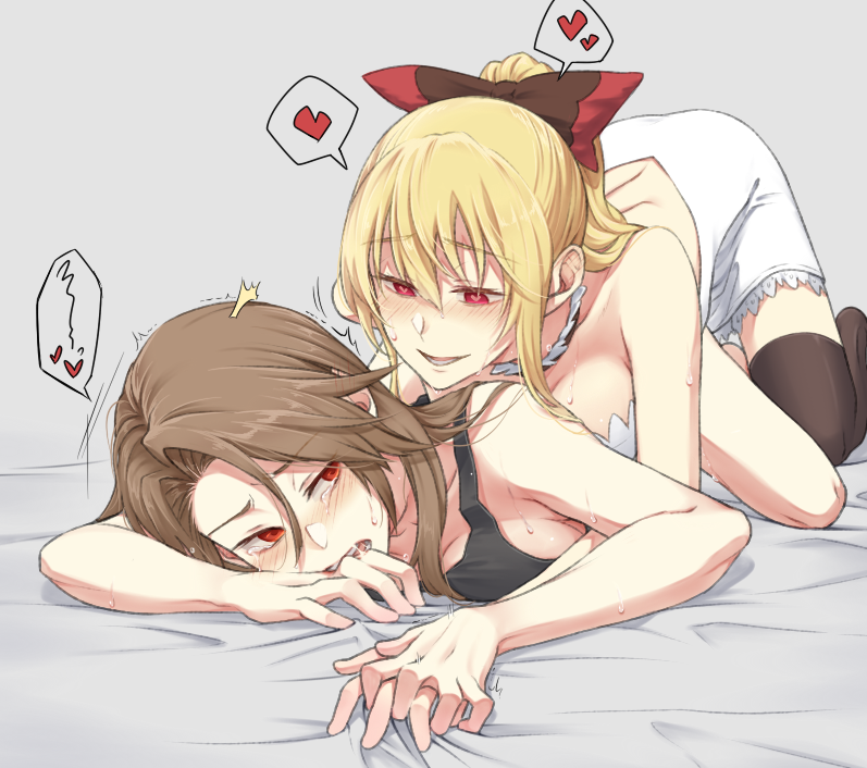 2girls, :d, backless_dress, backless_outfit, bed_sheet, black_bow, black_legwear, black_shirt