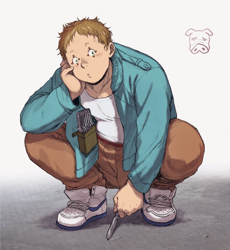 1boy, blue_eyes, blue_jacket, brown_hair, brown_pants, cross-laced_footwear, dorohedoro, facial_mark