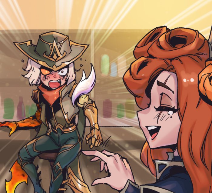 1boy, 1girl, :d, black_pants, blush, bottle, brown_headwear, brown_jacket, brown_vest, colored_sclera, emphasis_lines, high_noon_katarina, high_noon_talon, high_noon_varus, indoors, jacket, katarina_(league_of_legends), league_of_legends, long_hair, official_alternate_costume, open_mouth, orange_hair, orange_sclera, pants, phantom_cross, scar, scar_across_eye, scar_on_face, smile, talon_(league_of_legends), teeth, upper_teeth_only, varus, vest