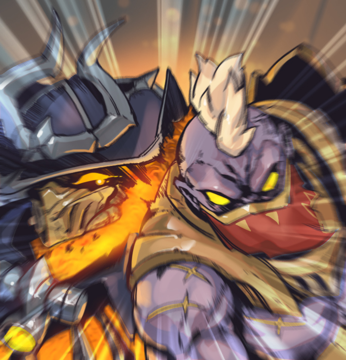 2boys, black_headwear, colored_sclera, glowing, high_noon_mordekaiser, high_noon_sion, horns, league_of_legends, male_focus, mask, mordekaiser, motion_lines, mouth_mask, multiple_boys, muscular, muscular_male, no_pupils, phantom_cross, sion, sion_(league_of_legends), upper_body, yellow_sclera