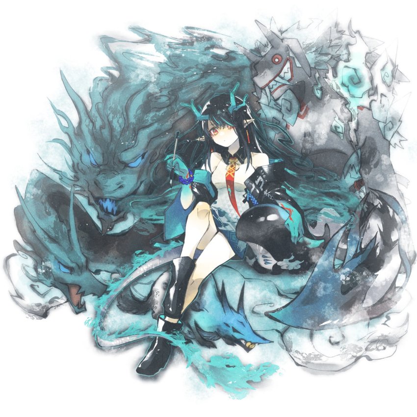 1girl, angry_(arknights), antlers, aqua_dress, arknights, bead_bracelet, beads, bitey_(arknights)