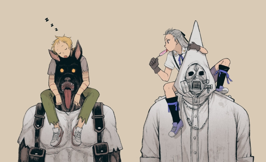1girl, 3boys, aged_down, black_socks, blank_eyes, blonde_hair, brown_background, cable, candy, carrying, chin_rest, dog, dorohedoro, duston_(dorohedoro), food, furry, furry_male, gas_mask, gloves, green_pants, grey_gloves, grey_hair, grey_shirt, guragura, hair_ribbon, half_updo, head_on_head, head_rest, highres, holding, holding_food, hood, hood_up, ki_(mxxxx), knee_up, kneehighs, licking, lollipop, long_hair, mask, multiple_boys, neck_ribbon, noi_(dorohedoro), open_mouth, pants, purple_footwear, purple_ribbon, red_eyes, ribbon, shin_(dorohedoro), shirt, shoes, shoulder_carry, side-by-side, simple_background, size_difference, sleeping, sleeping_upright, sneakers, socks, star_(symbol), stitched_arm, stitched_fingers, stitches, swirl_lollipop, toned, toned_male, tongue, tongue_out, torn_clothes, torn_sleeves, white_footwear, white_shirt, zzz