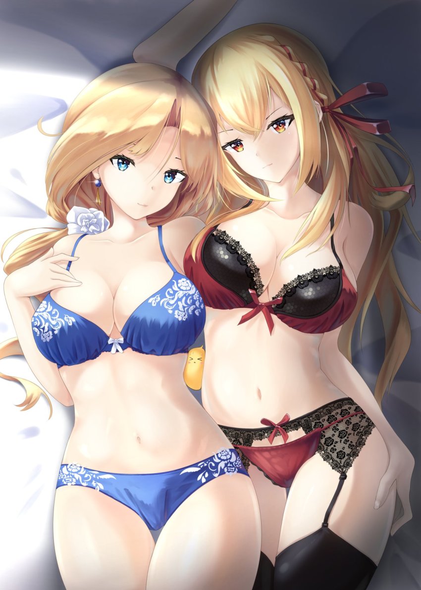 2girls, azur_lane, bed, blue_bra, blue_panties, bra, cowboy_shot, earrings