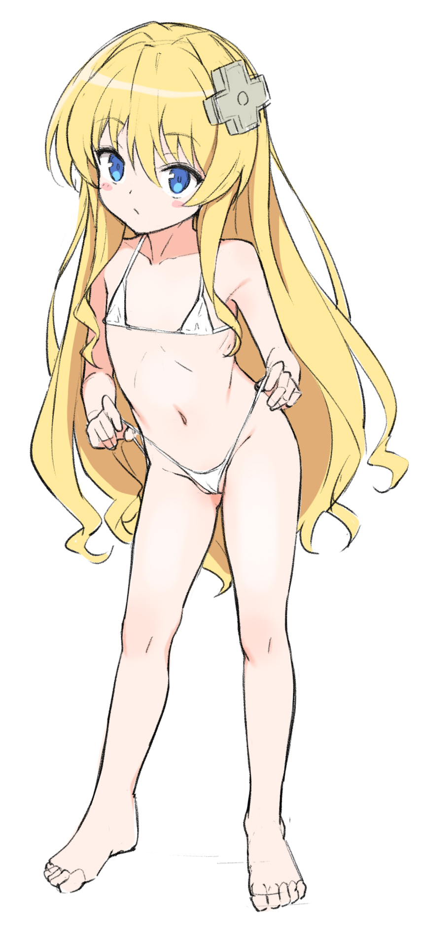 1girl, barefoot, bikini, bikini_pull, blonde_hair, blue_eyes, clothes_pull, copyright_request, feet, female_focus, flat_chest, full_body, gluteal_fold, groin, hair_ornament, highres, kisaragi_alice, konnyaku_(kk-monmon), legs, loli, long_hair, micro_bikini, navel, pulling_own_clothes, sentouin_hakenshimasu!, simple_background, solo, swimsuit, thighs, toes, white_background, white_bikini