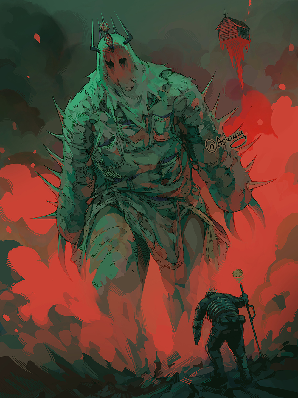 1boy, 1other, arkuny, armor, artist_name, black_house, blood, boots, caiman_(dorohedoro), claws, commentary, crack, cracked_floor, dorohedoro, dumpling, english_commentary, floating, floating_object, food, gloves, highres, holding, holding_staff, holding_weapon, hole_(dorohedoro), house, jiaozi, kawajiri, long_sleeves, magic_gyoza_wand, mask, nikaidou_(dorohedoro), pants, pocket, severed_head, size_difference, spikes, staff, standing, steam, walking, weapon