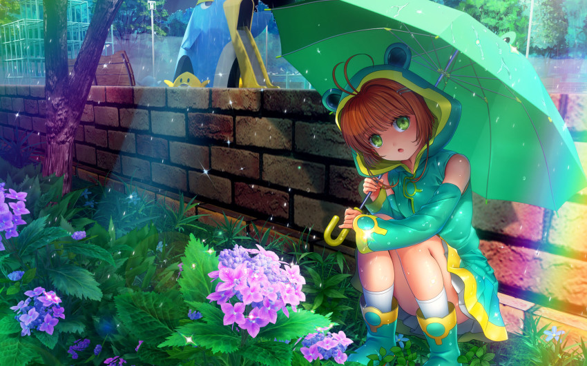 1girl, animal_hood, antenna_hair, brown_hair, cardcaptor_sakura, cardcaptor_sakura_clear_card_arc, detached_sleeves, flower, frog_hood, green_eyes, highres, hood, hydrangea, kinomoto_sakura, kinomoto_sakura_(frog), looking_at_viewer, mutsuki_(moonknives), outdoors, pleated_skirt, rain, raincoat, skirt, slide, solo, squatting, umbrella