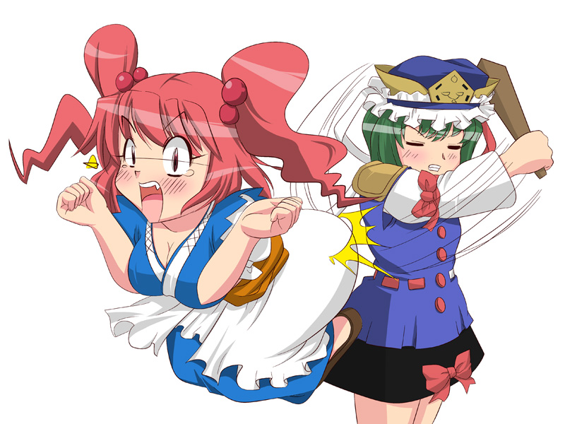 2girls, bad_anatomy, breasts, cleavage, female_focus, green_hair, hair_bobbles, hair_ornament, hat, large_breasts, multiple_girls, onozuka_komachi, poorly_drawn, red_eyes, red_hair, rod_of_remorse, sasuke10g, shiki_eiki, short_hair, spanked, spanking, touhou, twintails, two_side_up