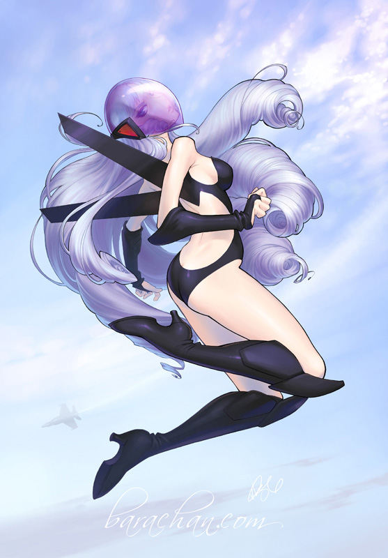 1girl, aircraft, airplane, barachan, blue_hair, blue_sky, bodysuit, boots