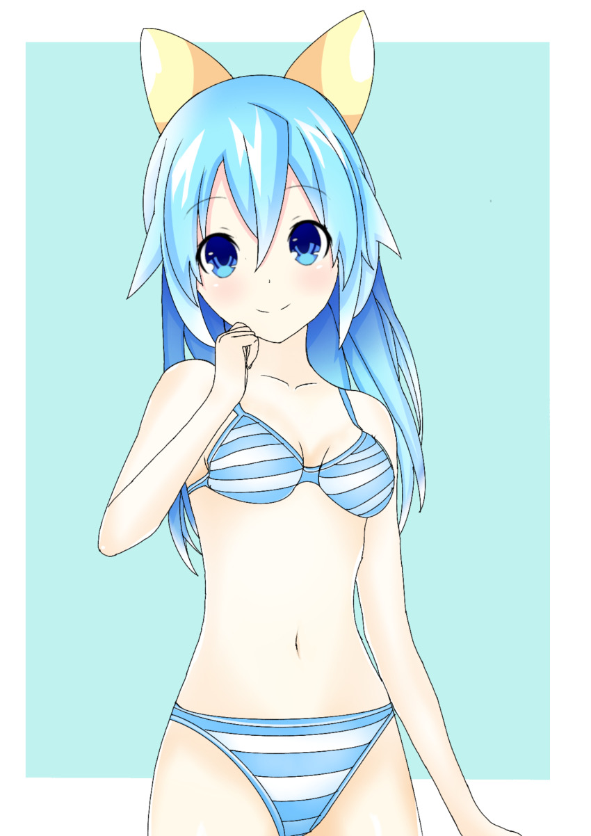 absurdres, bare_shoulders, bikini, blue_background, blue_eyes, blue_hair, breasts, choujigen_game_neptune, choujigen_taisen_neptune_vs_sega_hard_girls, cleavage, compile_heart, highres, idea_factory, long_hair, navel, neptune_(series), oriya_toki, ponytail, ribbon, sega_hatsumi, small_breasts, smile, stomach, swimsuit, thighs, very_long_hair