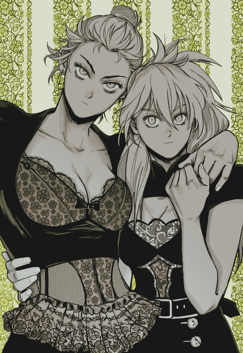 2girls, absurdres, bare_arms, belt, bow, breasts, cleavage, cleavage_cutout, closed_mouth, clothing_cutout, collarbone, dorohedoro, earrings, fishnets, floral_background, florbetriz, frills, hair_between_eyes, hair_bun, hair_over_shoulder, hand_on_another's_hip, hand_on_another's_shoulder, hand_up, head_tilt, highres, holding_hands, jewelry, lingerie, long_hair, monochrome, multiple_girls, nikaidou_(dorohedoro), noi_(dorohedoro), ponytail, short_sleeves, single_hair_bun, striped_background, underwear, updo, upper_body