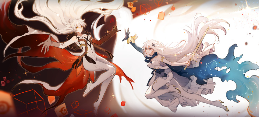 2girls, absurdres, aged_up, alternate_breast_size_(larger), armpits, asmoday_(genshin_impact), bare_shoulders, black_scarf, blue_eyes, bodysuit, breasts, cape, cleavage, constellation, cube, detached_sleeves, dress, elbow_gloves, floating_hair, flora_blossom, frilled_dress, frills, full_body, genshin_impact, gloves, hair_between_eyes, hair_ornament, hands_up, highres, holding, holding_sword, holding_weapon, layered_dress, long_hair, looking_at_another, multiple_girls, orange_eyes, outstretched_arm, paimon_(genshin_impact), pants, scarf, sweatdrop, sword, tight_clothes, tight_pants, very_long_hair, weapon, white_bodysuit, white_dress, white_hair, white_pants