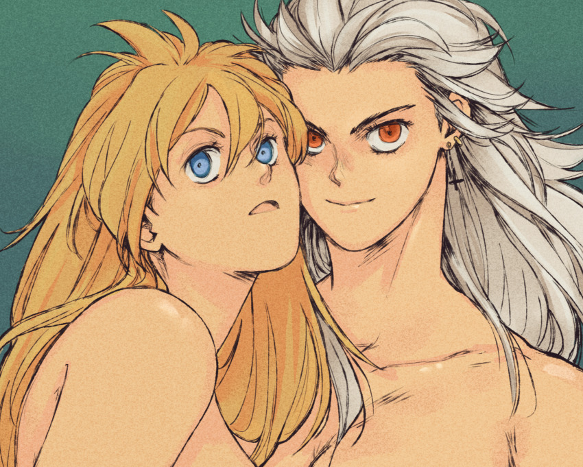 2girls, bare_shoulders, blonde_hair, blue_eyes, cross, cross_earrings, dorohedoro, earrings