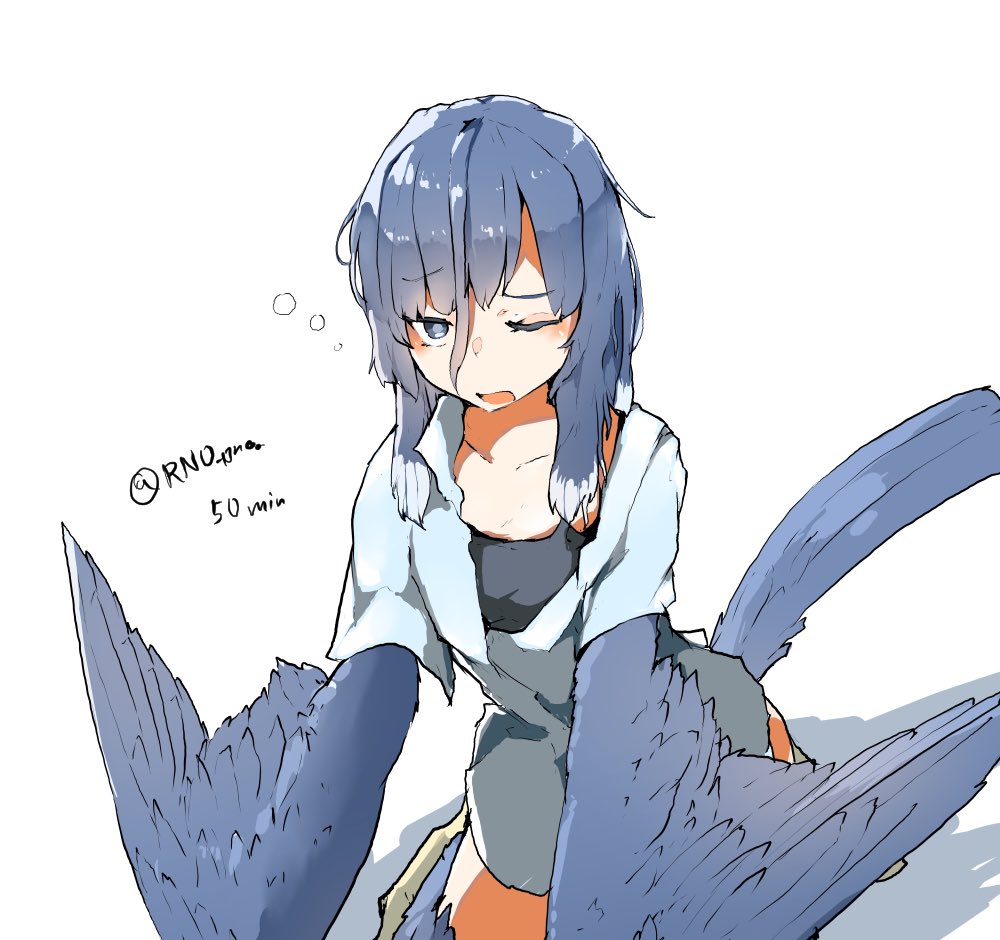 1girl, bird_legs, bird_tail, bird_wings, blue_feathers, blue_hair, blue_wings, commentary_request