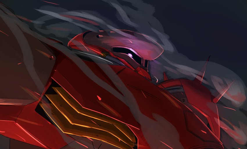 absurdres, black_background, commentary, from_side, glasses1255, gundam, gundam:_hathaway's_flash, highres, looking_down, mecha, messer_(mobile_suit), mobile_suit, no_humans, one-eyed, pink_eyes, robot, science_fiction, smoke, solo