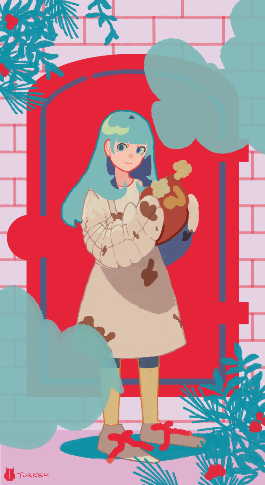 1girl, absurdres, apron, bad_id, bad_pixiv_id, blue_eyes, blue_hair, blunt_bangs