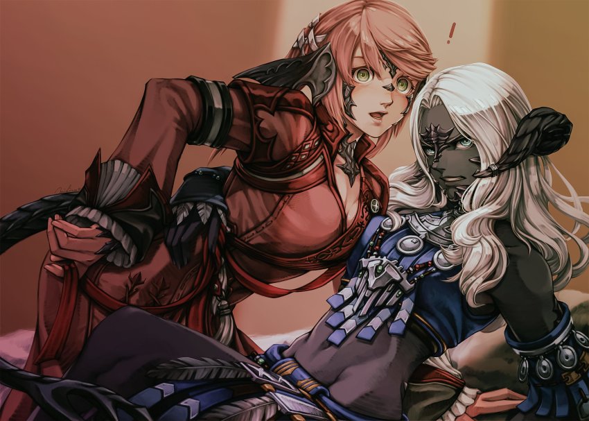 !, 2girls, arm_around_another's_waist, au_ra, black_horns, black_skin, blue_eyes, breast_press