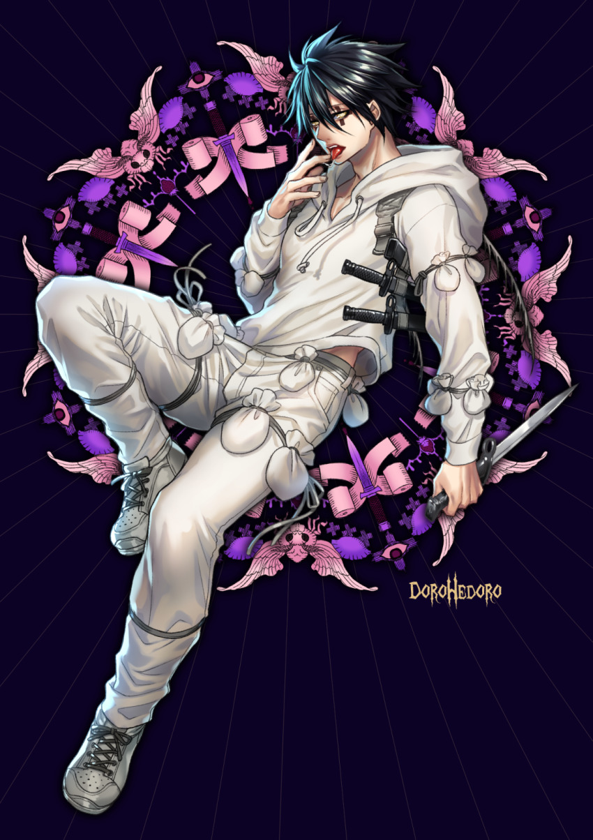 1boy, amanna, antennae, arm_at_side, black_hair, blood, bug, dagger