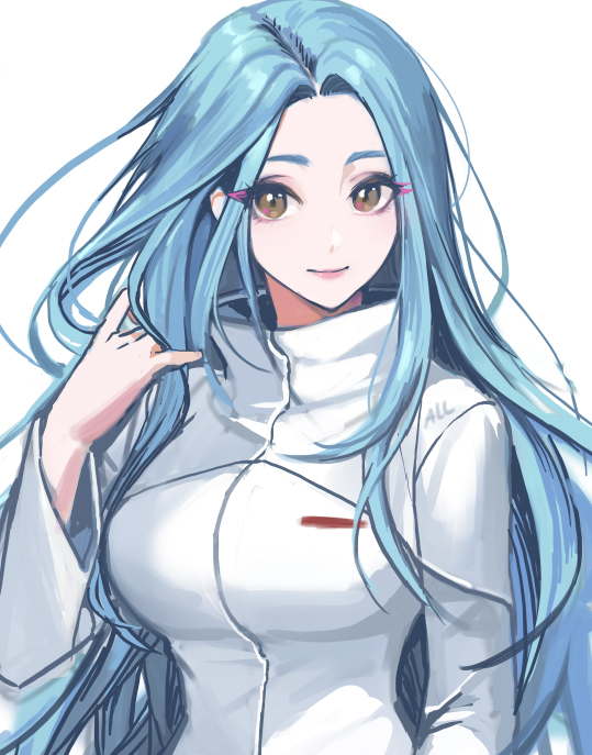 1girl, blue_hair, brown_eyes, closed_mouth, commentary_request, enomoto_kazue, eyebrows_hidden_by_hair, eyes_visible_through_hair