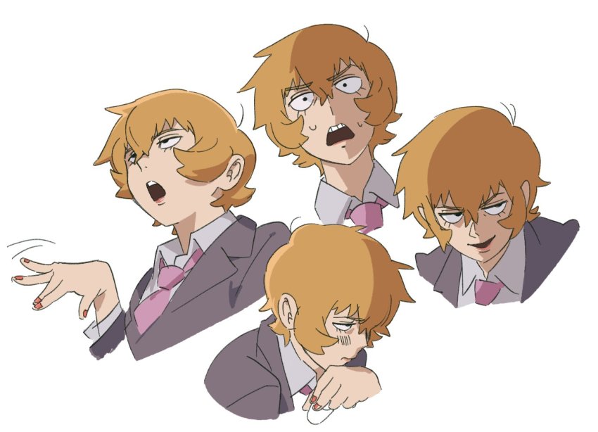 1girl, blonde_hair, ch0og0o, formal_clothes, genderswap, genderswap_(mtf), grin, lipstick