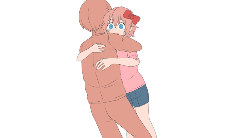 1boy, 1girl, blue_eyes, bow, denim, doki_doki_literature_club, hair_bow, hug