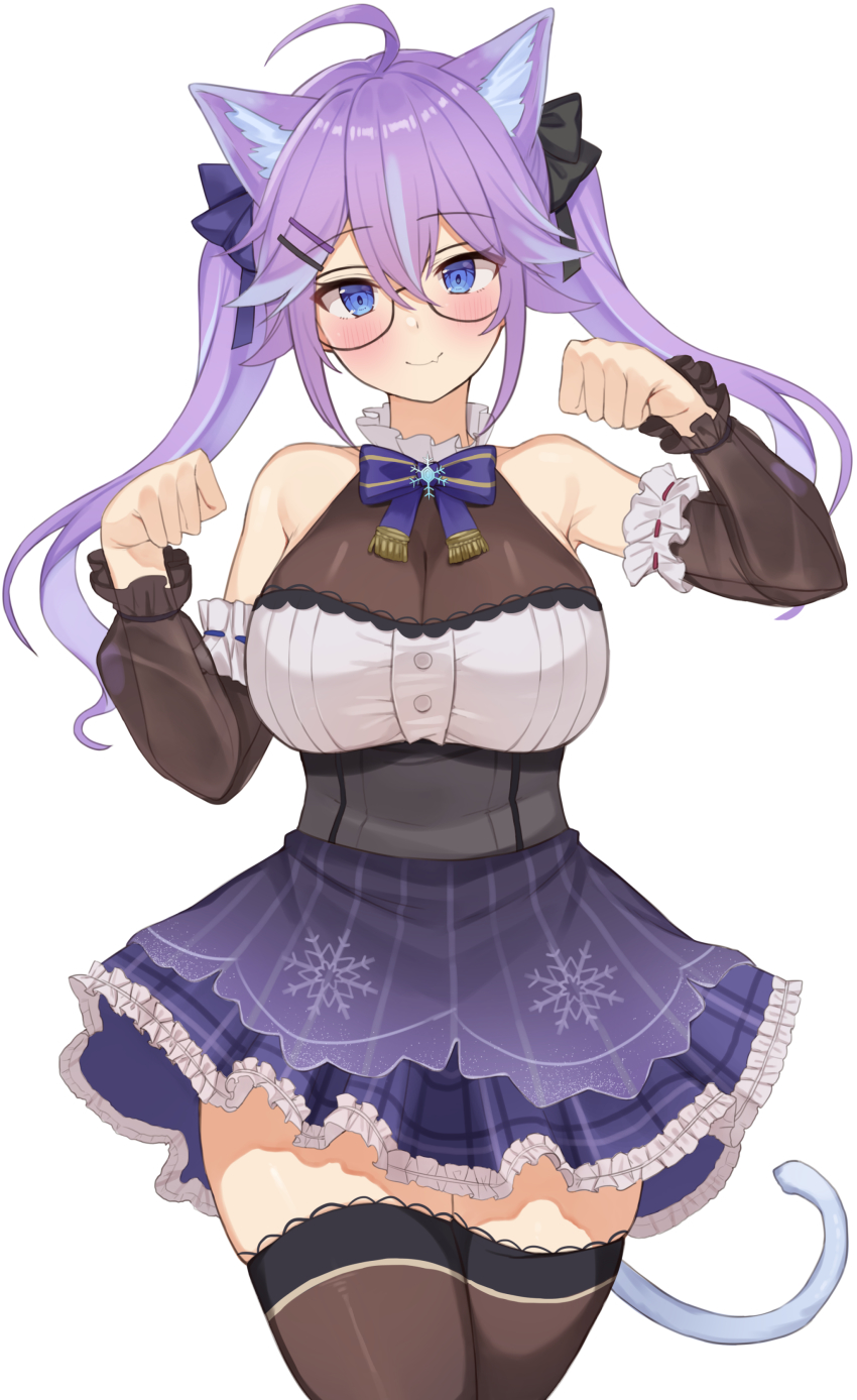 1girl, absurdres, animal_ears, black_thighhighs, blue_eyes, blush, breasts, cat_ears, cat_girl, cat_tail, choco_tanuki, cleavage, closed_mouth, detached_sleeves, fang, fang_out, glasses, hair_ornament, hairclip, highres, large_breasts, long_hair, long_sleeves, looking_at_viewer, nijisanji, nijisanji_kr, nun_bora, nun_bora_(3rd_costume), purple_hair, skin_fang, smile, solo, tail, thighhighs, twintails, virtual_youtuber