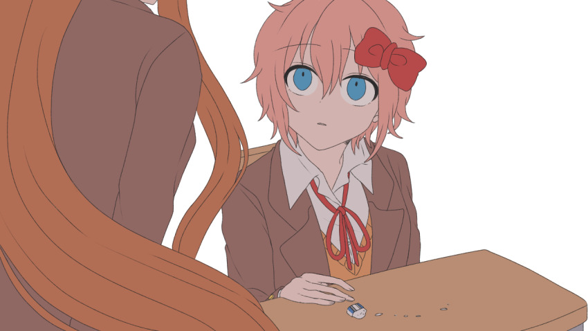 2girls, blue_eyes, bow, brown_hair, desk, doki_doki_literature_club, doki_doki_literature_club_school_uniform, eraser