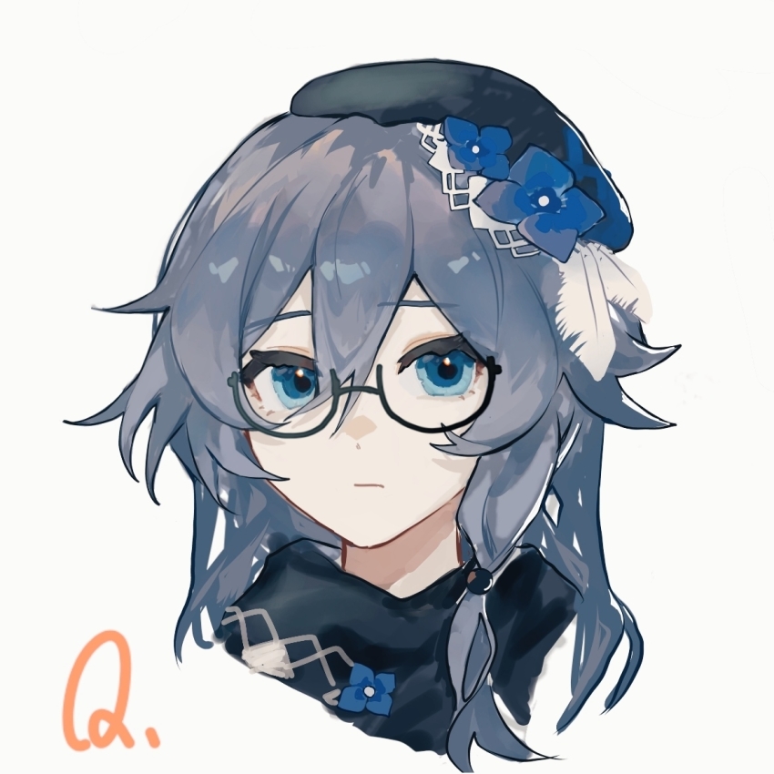 1girl, bad_id, bad_lofter_id, beret, black_hair, black_hat, black_scarf, blue_eyes