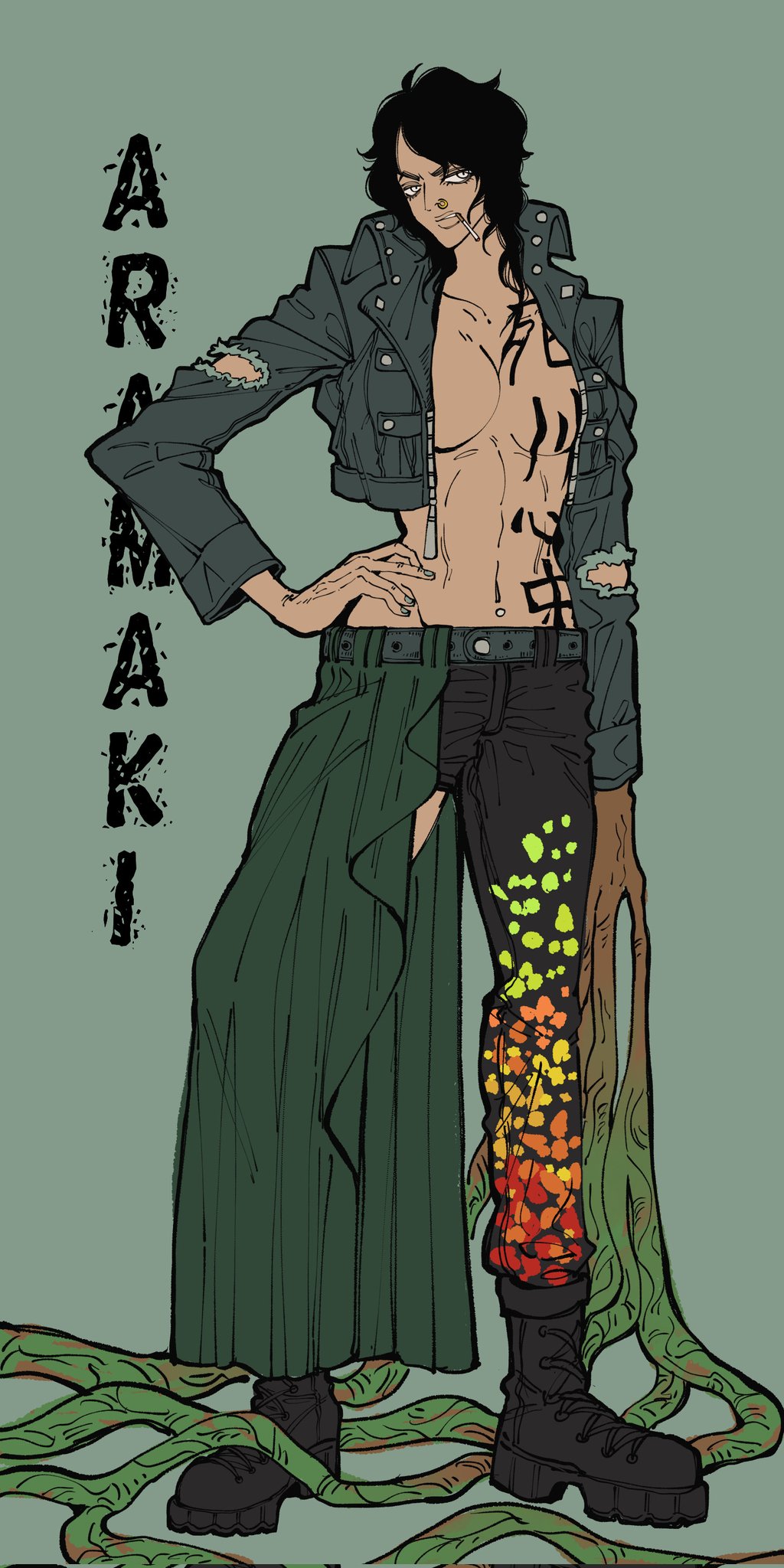 1girl, abs, artist_request, black_hair, body_writing, boots, breasts, character_name, devil_fruit, face_piercing, genderswap, genderswap_(mtf), green_background, hand_on_own_hip, highres, looking_at_viewer, military, military_uniform, muscular, muscular_female, navel_piercing, no_bra, nose_piercing, one_piece, open_clothes, pants, piercing, plant, print_pants, ryokugyu_(one_piece), serious, short_hair, simple_background, vines, weapon