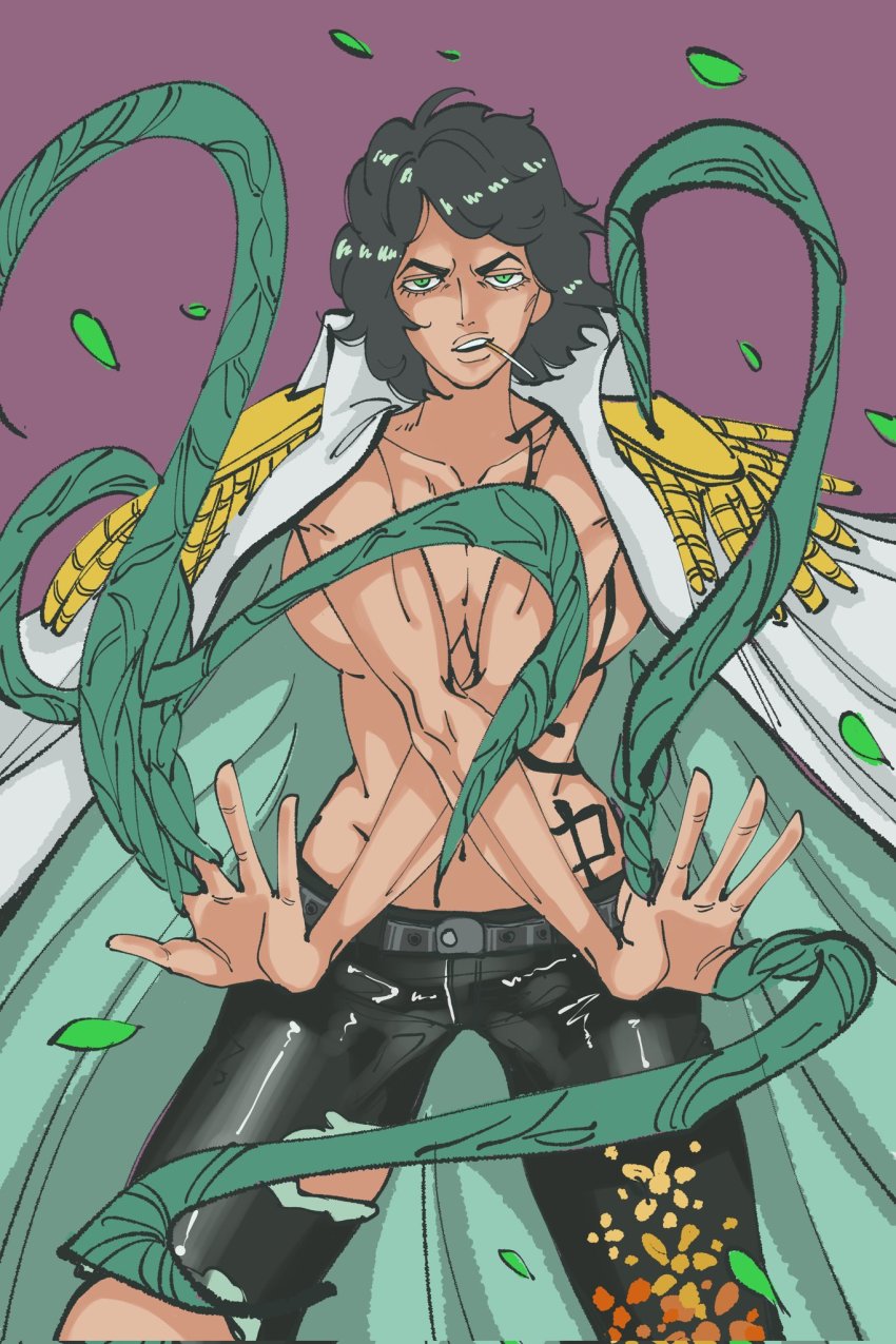 1girl, artist_request, attack, black_hair, body_writing, breasts, devil_fruit, face_piercing