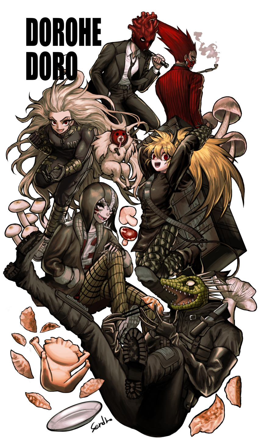 2girls, 4boys, :d, absurdres, animal, arm_wrap, arms_up, backpack, bag, bags_under_eyes, beckoning, belt, between_breasts, between_fingers, black_footwear, black_gloves, black_jacket, black_necktie, black_pants, blonde_hair, boots, box, breasts, caiman_(dorohedoro), carrying_over_shoulder, chopsticks, cigarette, clothed_animal, clothes_writing, collared_shirt, copyright_name, creature, cross_earrings, demon_girl, demon_horns, demon_tail, dorohedoro, dumpling, earrings, eating, en_(dorohedoro), eyelashes, facial_mark, falling, fingerless_gloves, fingernails, floating, food, formal_clothes, fur-trimmed_sleeves, fur_trim, furry, furry_male, gloves, green_pants, grey_hair, gyoza_man, hand_in_pocket, hand_on_own_knee, highres, holding, holding_chopsticks, holding_cigarette, holding_weapon, holstered, hood, hood_up, horns, inverted_cross, inverted_cross_earrings, invisible_chair, jacket, jewelry, jiaozi, jumondeath, kikurage_(dorohedoro), knee_up, lizardman, long_fingernails, long_hair, long_sleeves, looking_at_viewer, multiple_boys, multiple_girls, mushroom, necktie, nikaidou_(dorohedoro), noi_(dorohedoro), open_mouth, pants, plaid_clothes, plaid_pants, plate, red_eyes, sendro, sharp_fingernails, shin_(dorohedoro), shirt, shoe_soles, shoulder_spikes, simple_background, sitting, smile, smoke, smoking, smoking_pipe, spikes, strap_between_breasts, suit, tail, tape, thirteen_(dorohedoro), weapon, white_background, white_shirt, zipper