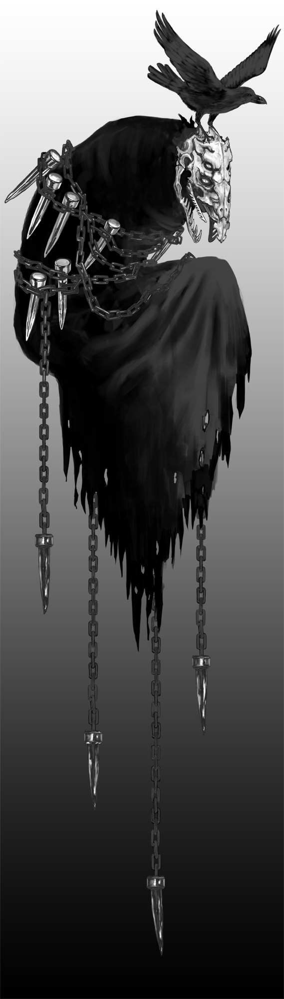 1boy, 8_(eight), animal, animal_on_head, bird, bird_on_head, chain, crow, curse_(dorohedoro), dorohedoro, extra_eyes, floating, full_body, gradient_background, greyscale, highres, knife, monochrome, nail_(hardware), on_head, restrained, robe, skull, torn_clothes, weapon