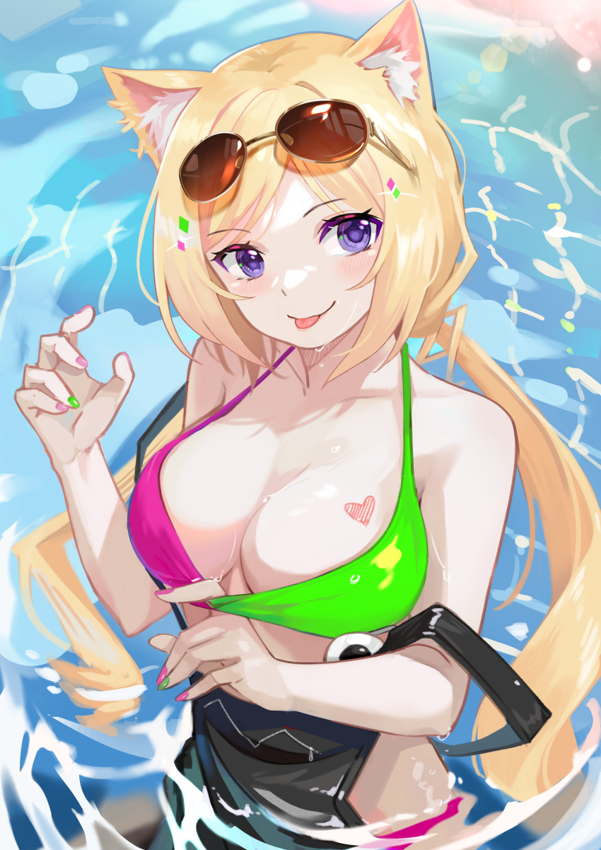 1girl, :p, absurdres, aki_rosenthal, aki_rosenthal_(gaming_casual), animal_ear_fluff, animal_ears, apron, bare_shoulders, bikini, blonde_hair, blush, breasts, cat_ears, cleavage, eyewear_on_head, halterneck, hand_up, highres, hololive, kemonomimi_mode, large_breasts, lens_flare, long_hair, looking_at_viewer, low_twintails, partially_submerged, purple_eyes, smile, solo, sunglasses, swimsuit, tongue, tongue_out, twintails, virtual_youtuber, water, wet, yoshikawa_hiro