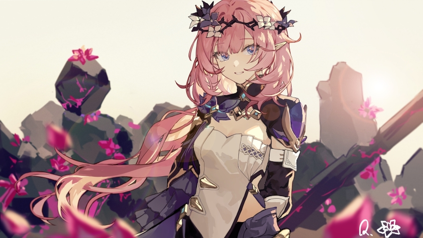 1girl, :d, absurdres, bad_id, bad_lofter_id, blue_eyes, crystal, elf, elysia_(honkai_impact), elysia_(miss_pink_elf)_(honkai_impact), grin, highres, honkai_(series), honkai_impact_3rd, long_hair, long_sleeves, looking_at_viewer, open_mouth, pink_hair, pointy_ears, qqqne, rock, signature, smile, solo, teeth, wreath, yellow_background