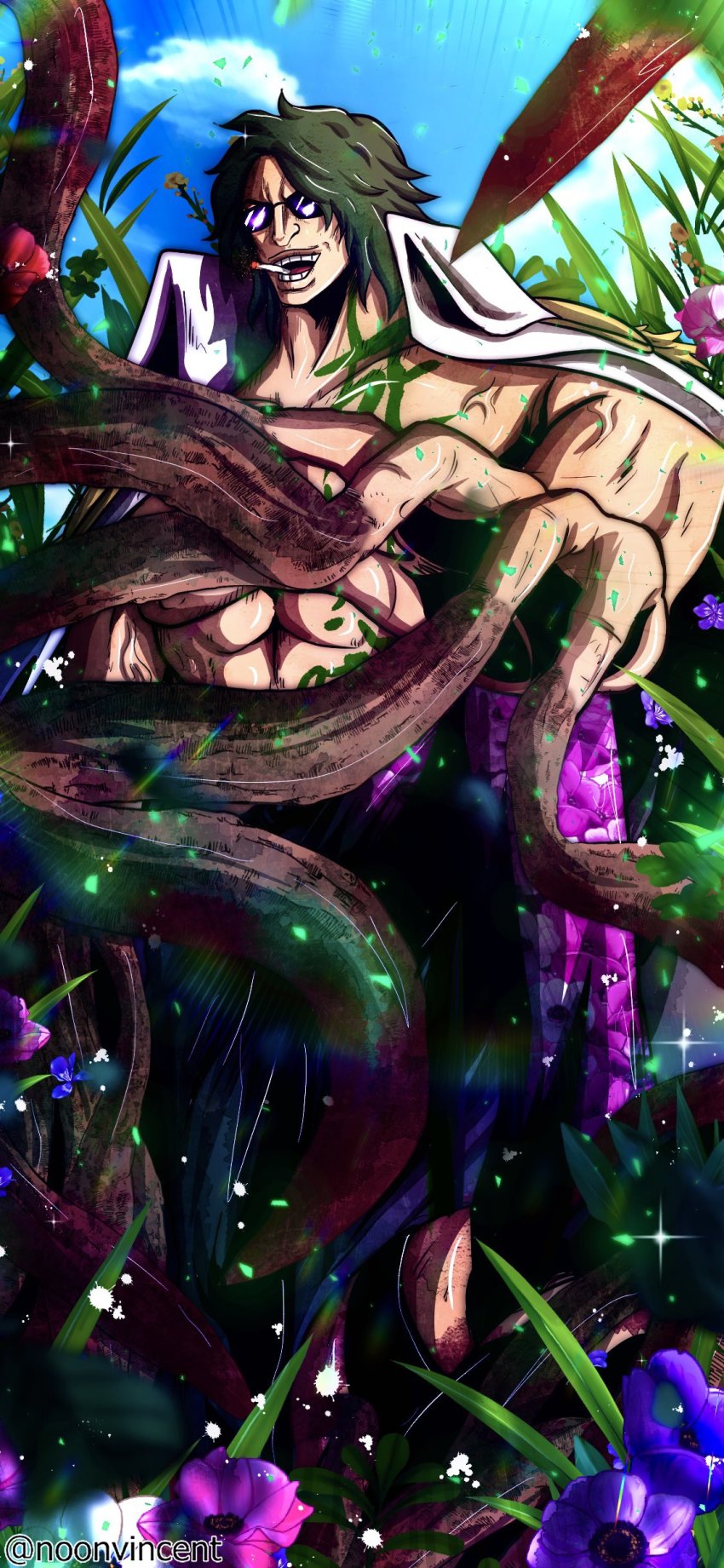 1boy, abs, absurdres, attack, black_hair, blue_sky, body_writing, devil_fruit